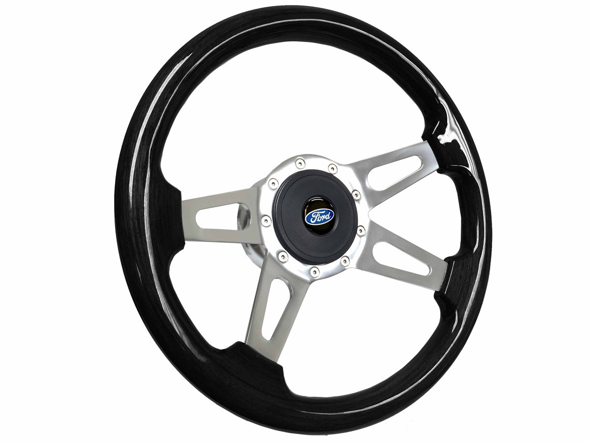 14" Black Ash Wood 9-Bolt Steering Wheel Kit Ford Script Kit, Slotted 4-Spoke