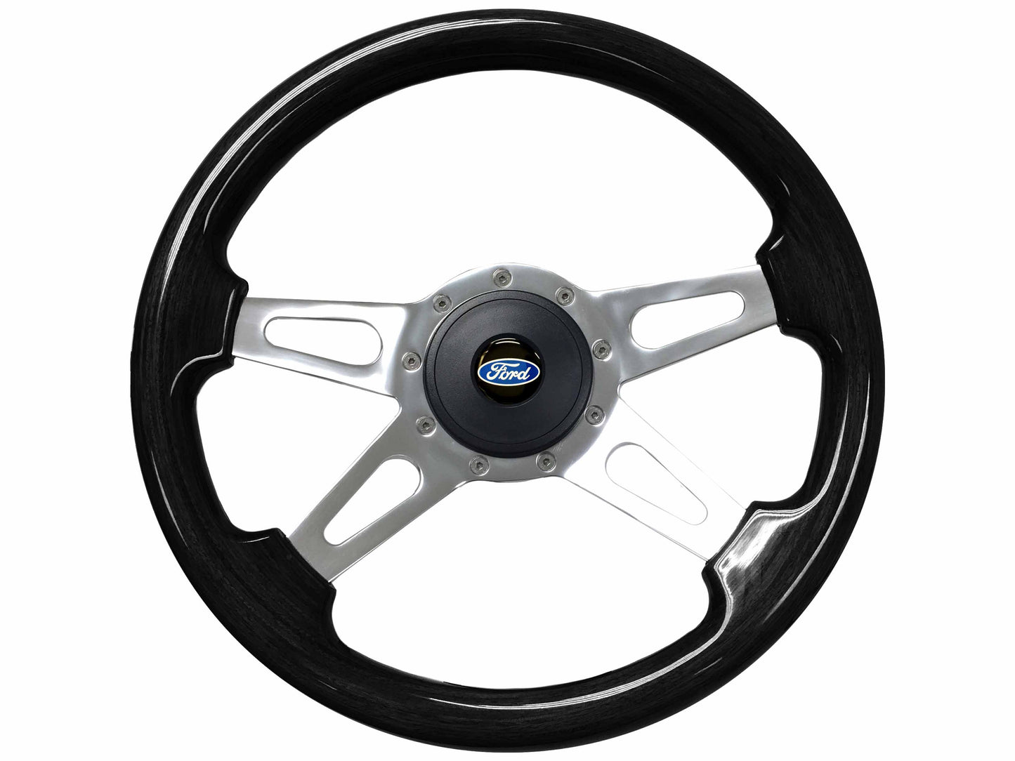 14" Black Ash Wood 9-Bolt Steering Wheel Kit Ford Script Kit, Slotted 4-Spoke