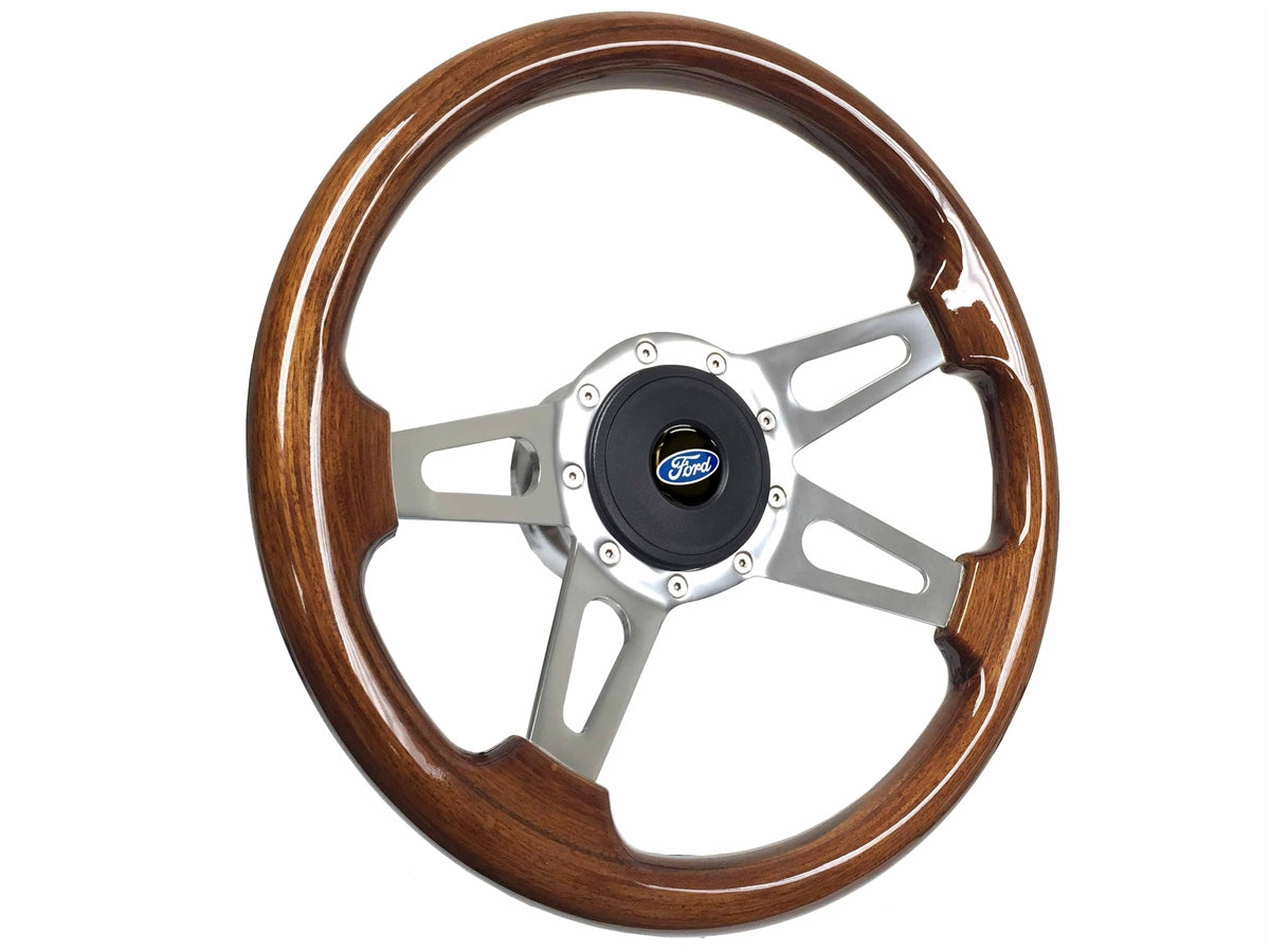 14" Walnut 9-Bolt Steering Wheel Ford Script Kit, Slotted 4-Spoke