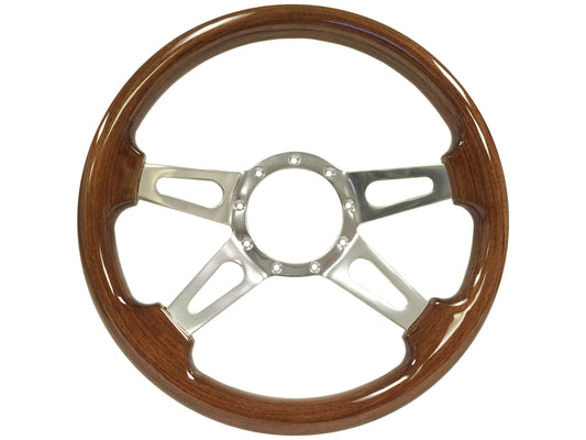 14" Walnut Finish Wood 9-Bolt Steering Wheel, 4-Spoke Slots