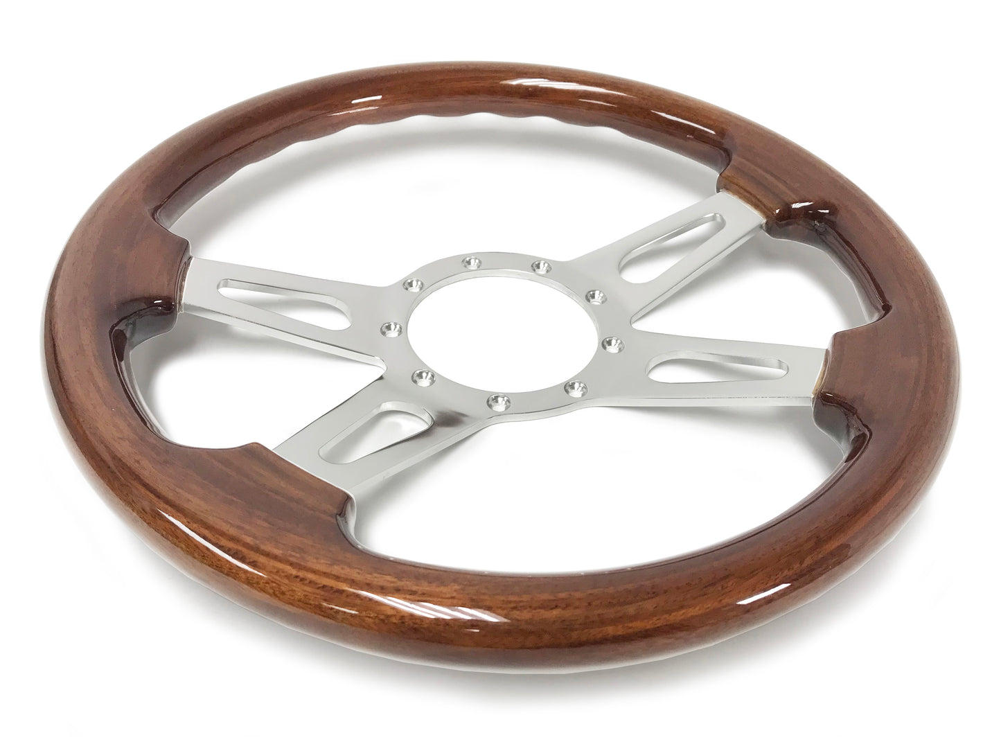 14" Walnut 9-Bolt Steering Wheel Ford Script Kit, Slotted 4-Spoke