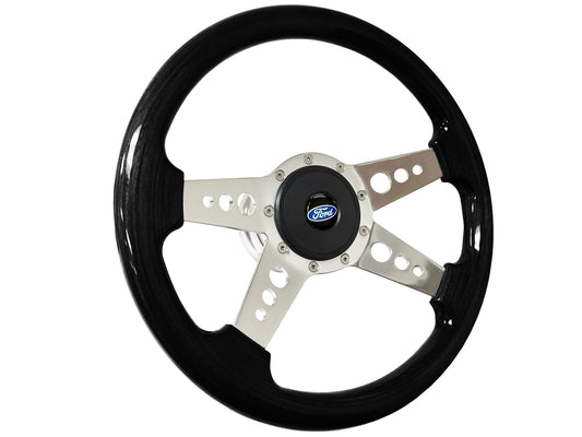 14" Black Ash Wood 9-Bolt Steering Wheel Kit Ford Script Kit, 4-Spoke Holes