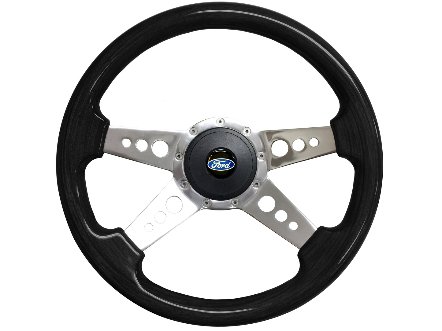 14" Black Ash Wood 9-Bolt Steering Wheel Kit Ford Script Kit, 4-Spoke Holes