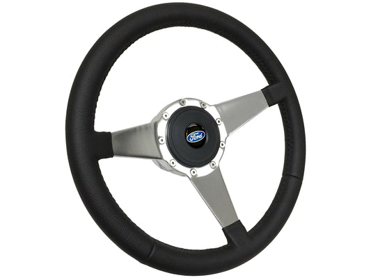 14" Leather 9-Bolt Steering Wheel Ford Script Kit, Solid 3-Spoke