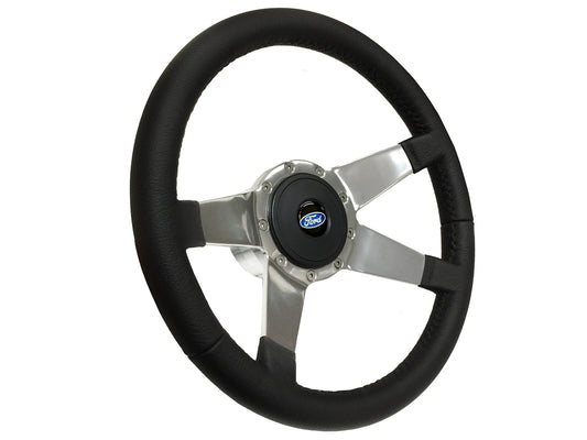 14" Leather 9-Bolt Steering Wheel Ford Script Kit, Solid 4-Spoke