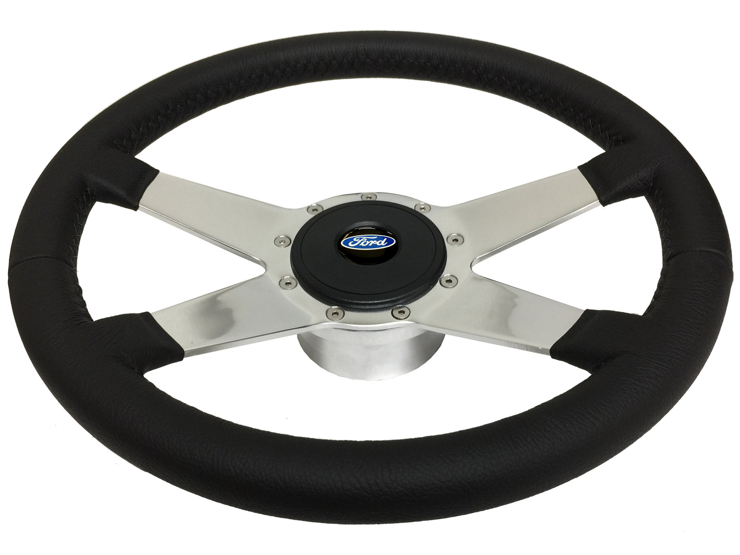 14" Leather 9-Bolt Steering Wheel Ford Script Kit, Solid 4-Spoke