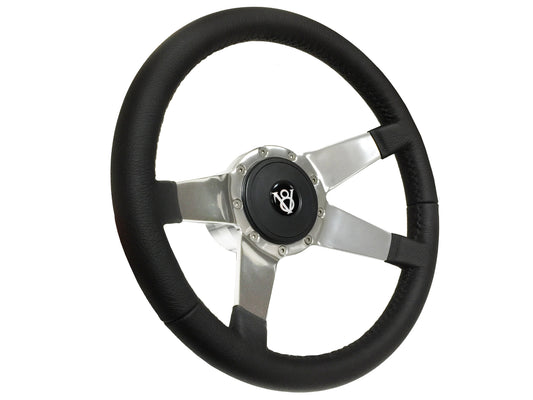 14" Leather 9-Bolt Steering Wheel Hot Rod V8 Kit, Solid 4-Spoke