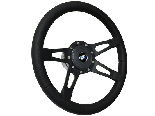 14" Leather 9-Bolt Steering Wheel Kit Ford Script Black Kit, Slotted 4-Spoke