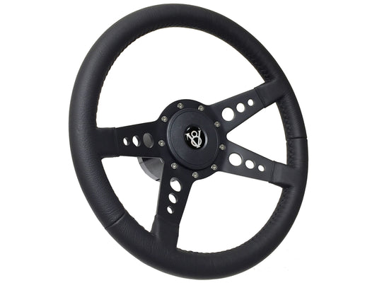 14" Leather 9-Bolt Steering Wheel Hot Rod V8 Black Kit, 4-Spoke Holes