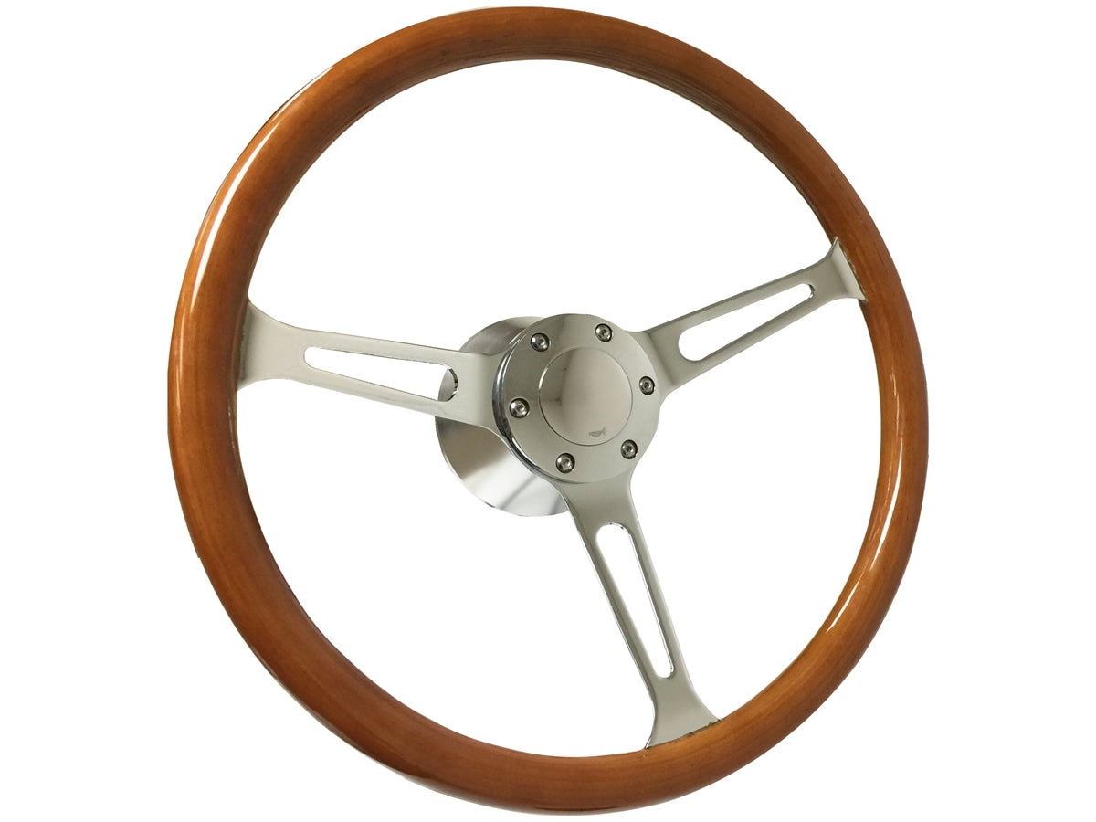 15" Classic Walnut Wood 6-Bolt Steering Wheel Chrome Kit