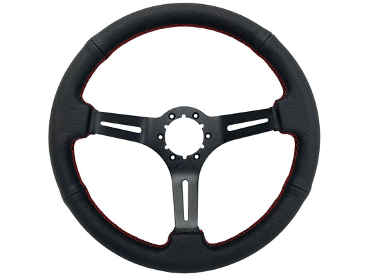 14" Perforated Leather 6-Bolt Steering Wheel, Black Spokes, Red Stitch