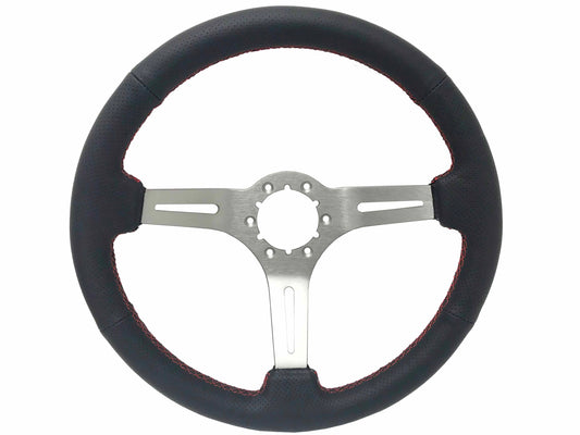 14" Perforated Leather 6-Bolt Steering Wheel, Brushed Aluminum Spokes, Red Stitch