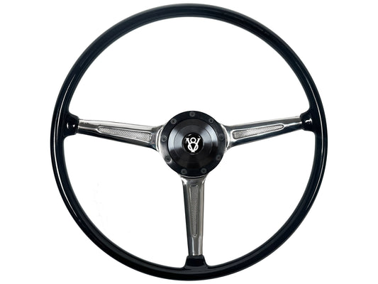 356 Style 9-Bolt Steering Wheel Black Hot Rod Kit, Billet Horn Button