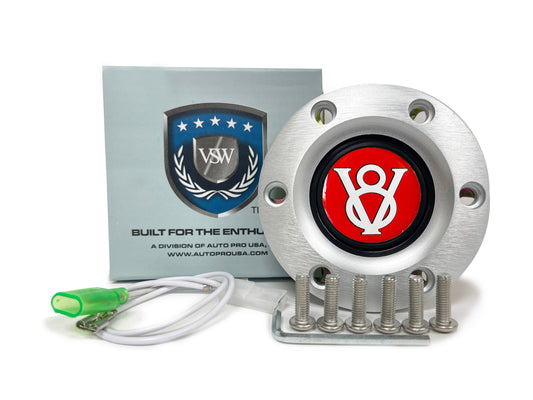 VSW 6-Bolt Brushed Horn Button, Red Hot Rod V8 Gel Emblem