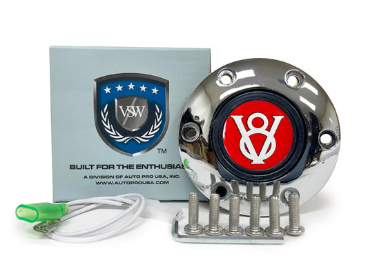 VSW 6-Bolt Chrome Horn Button, Red Hot Rod V8 Gel Emblem