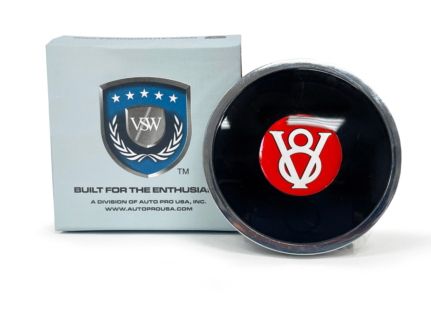 VSW 6-Bolt Deluxe Horn Button, Red Hot Rod V8 Emblem