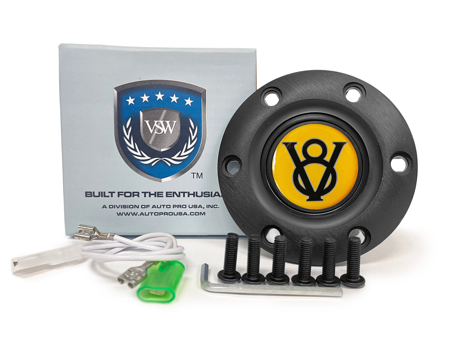 VSW 6-Bolt Black Horn Button with Yellow Hot Rod V8 Gel Emblem