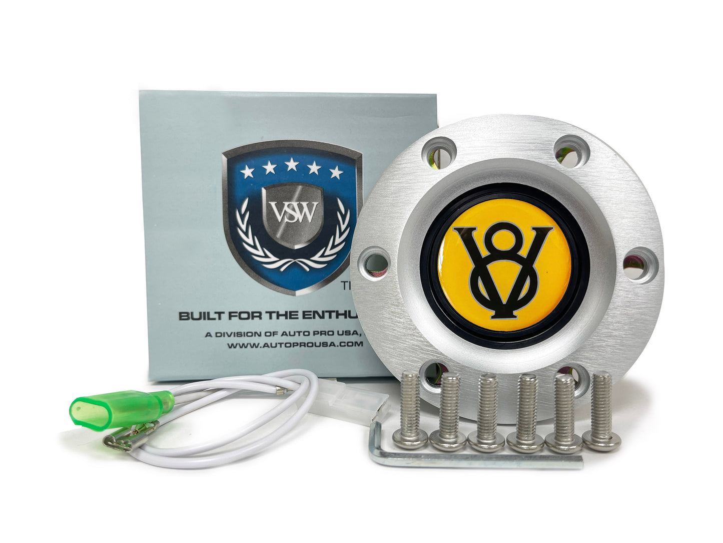 VSW 6-Bolt Brushed Horn Button, Yellow Hot Rod V8 Gel Emblem