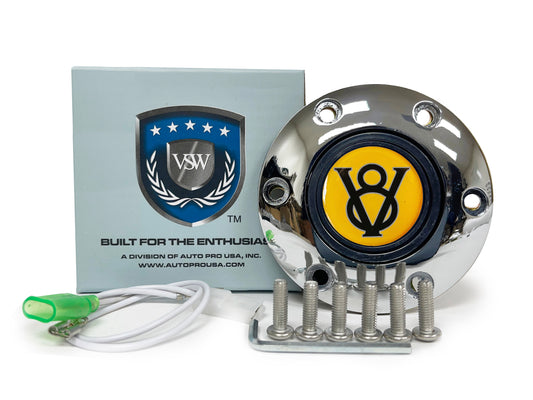 VSW 6-Bolt Chrome Horn Button, Yellow Hot Rod V8 Gel Emblem