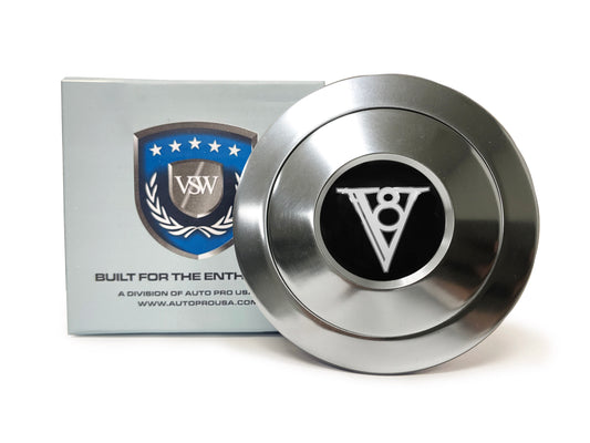 VSW 9-Bolt Billet Horn Button, Art Deco V8 Emblem