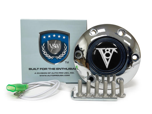 VSW 6-Bolt Chrome Horn Button, Art Deco V8 Gel Emblem